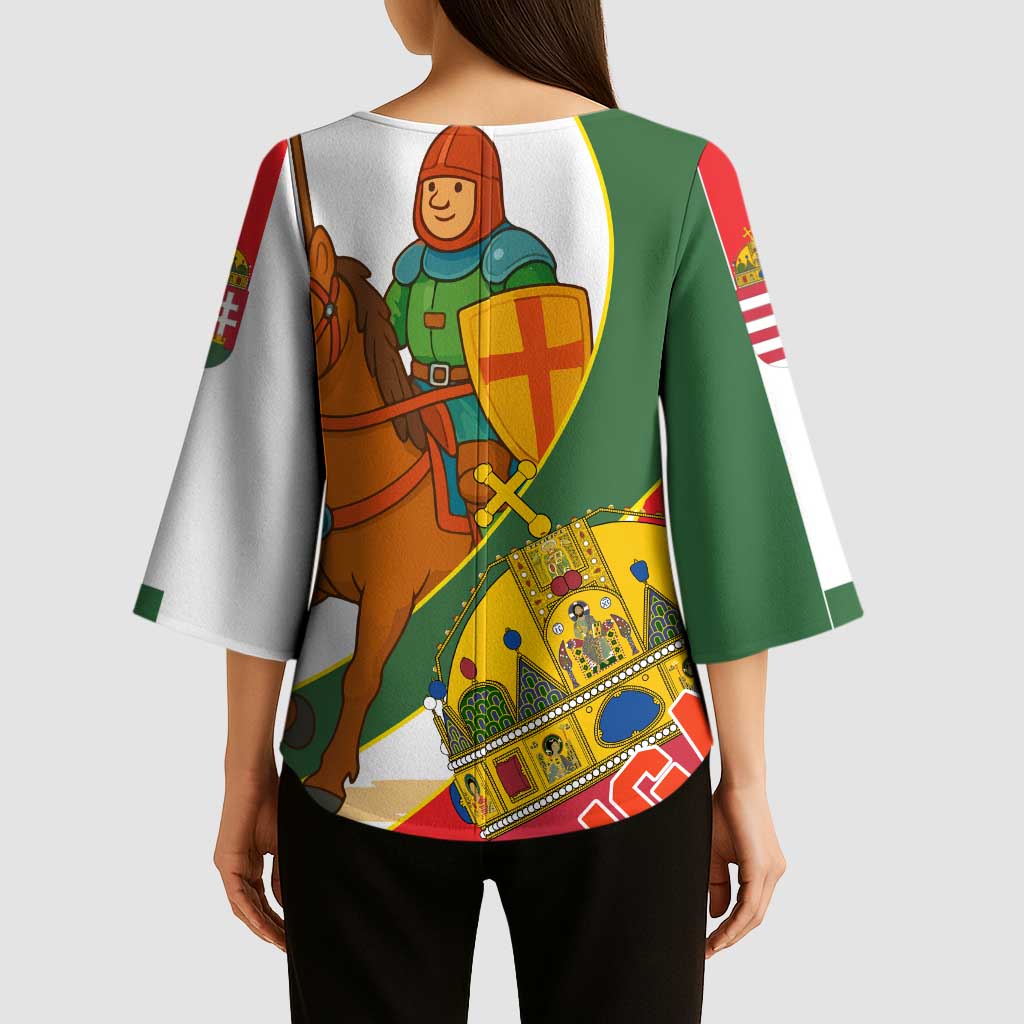 Hungary Kimono Sleeve Blouse with Knight and Angel Illustration Design and National Crest - Wonder Print Shop