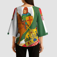 Hungary Kimono Sleeve Blouse with Knight and Angel Illustration Design and National Crest - Wonder Print Shop