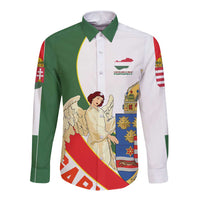 Hungary Long Sleeve Button Shirt with Knight and Angel Illustration Design and National Crest - Wonder Print Shop