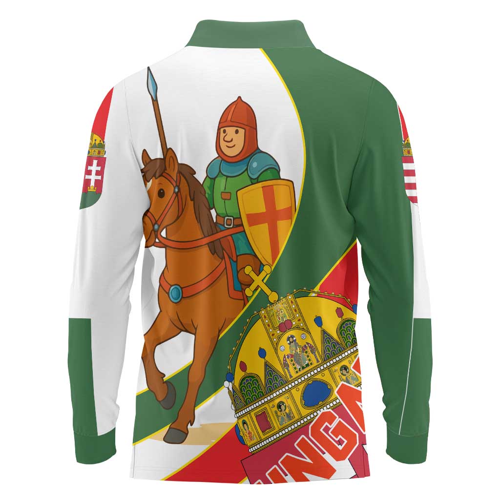 Hungary Long Sleeve Polo Shirt with Knight and Angel Illustration Design and National Crest - Wonder Print Shop