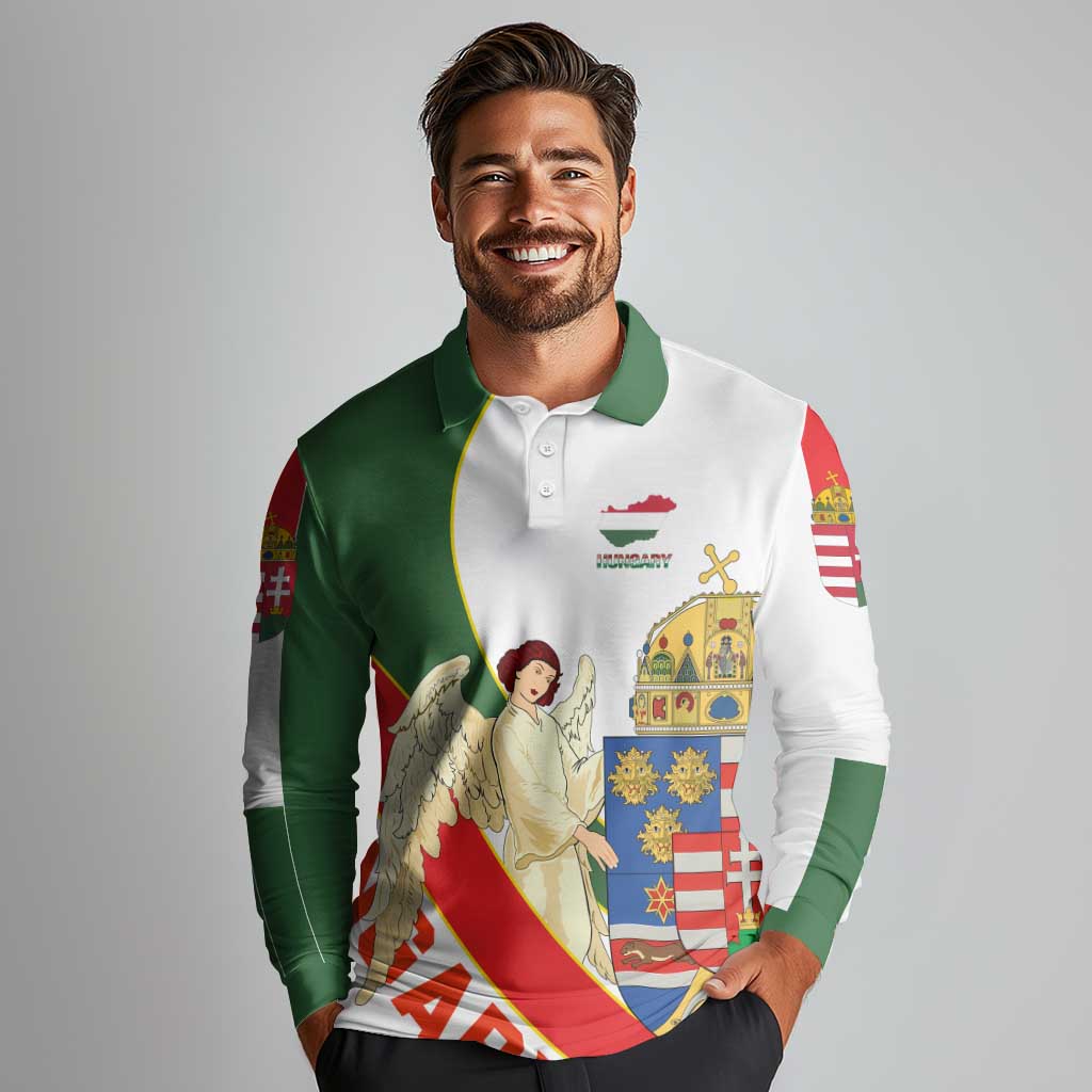 Hungary Long Sleeve Polo Shirt with Knight and Angel Illustration Design and National Crest - Wonder Print Shop