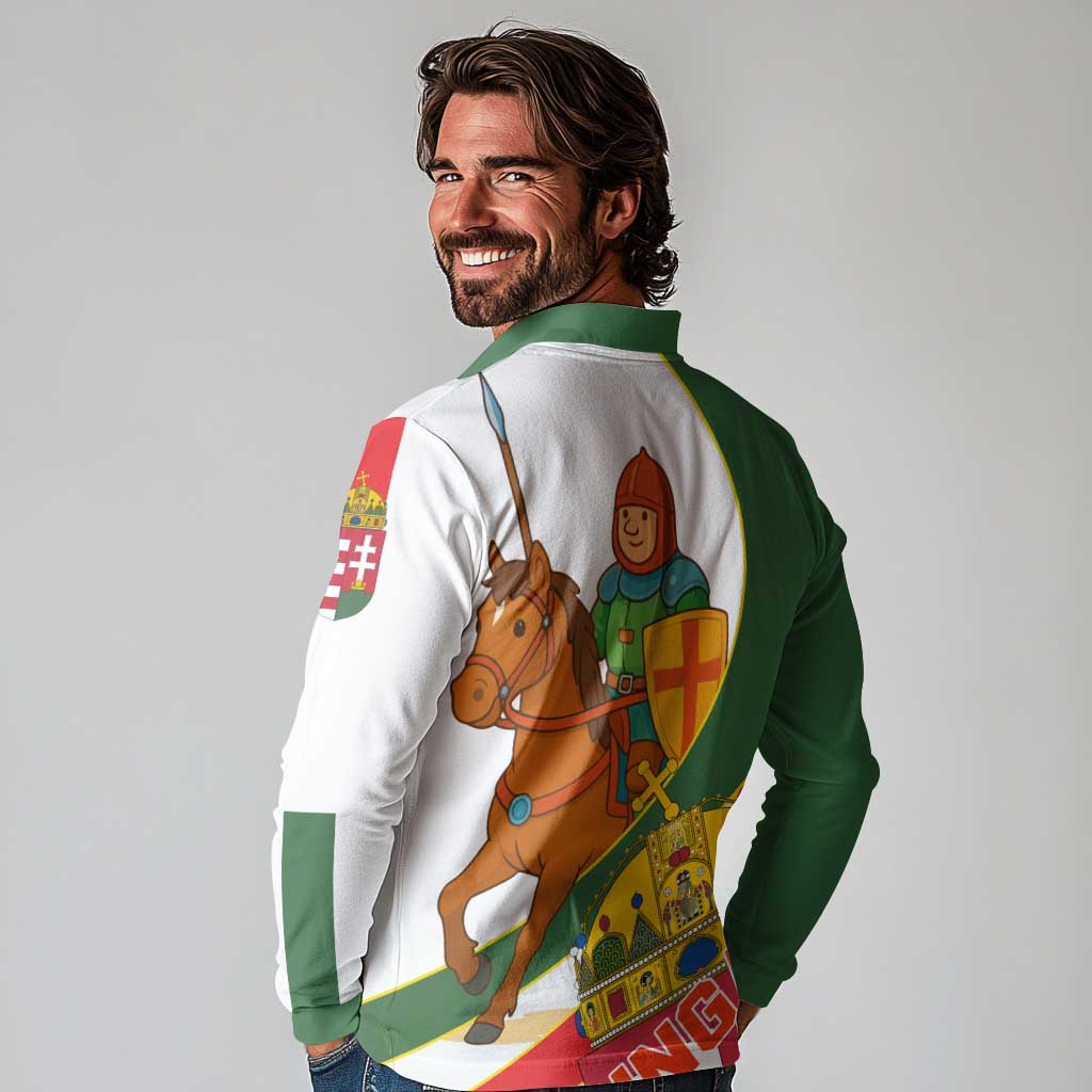 Hungary Long Sleeve Polo Shirt with Knight and Angel Illustration Design and National Crest - Wonder Print Shop