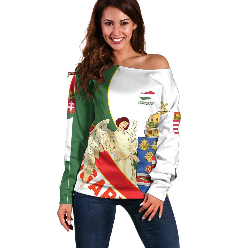 Hungary Off Shoulder Sweater with Knight and Angel Illustration Design and National Crest - Wonder Print Shop