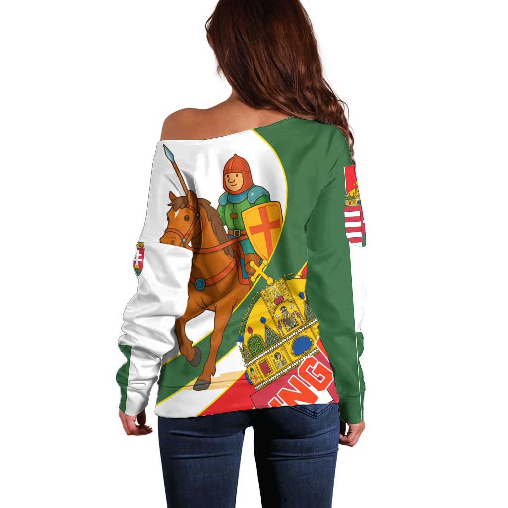 Hungary Off Shoulder Sweater with Knight and Angel Illustration Design and National Crest - Wonder Print Shop