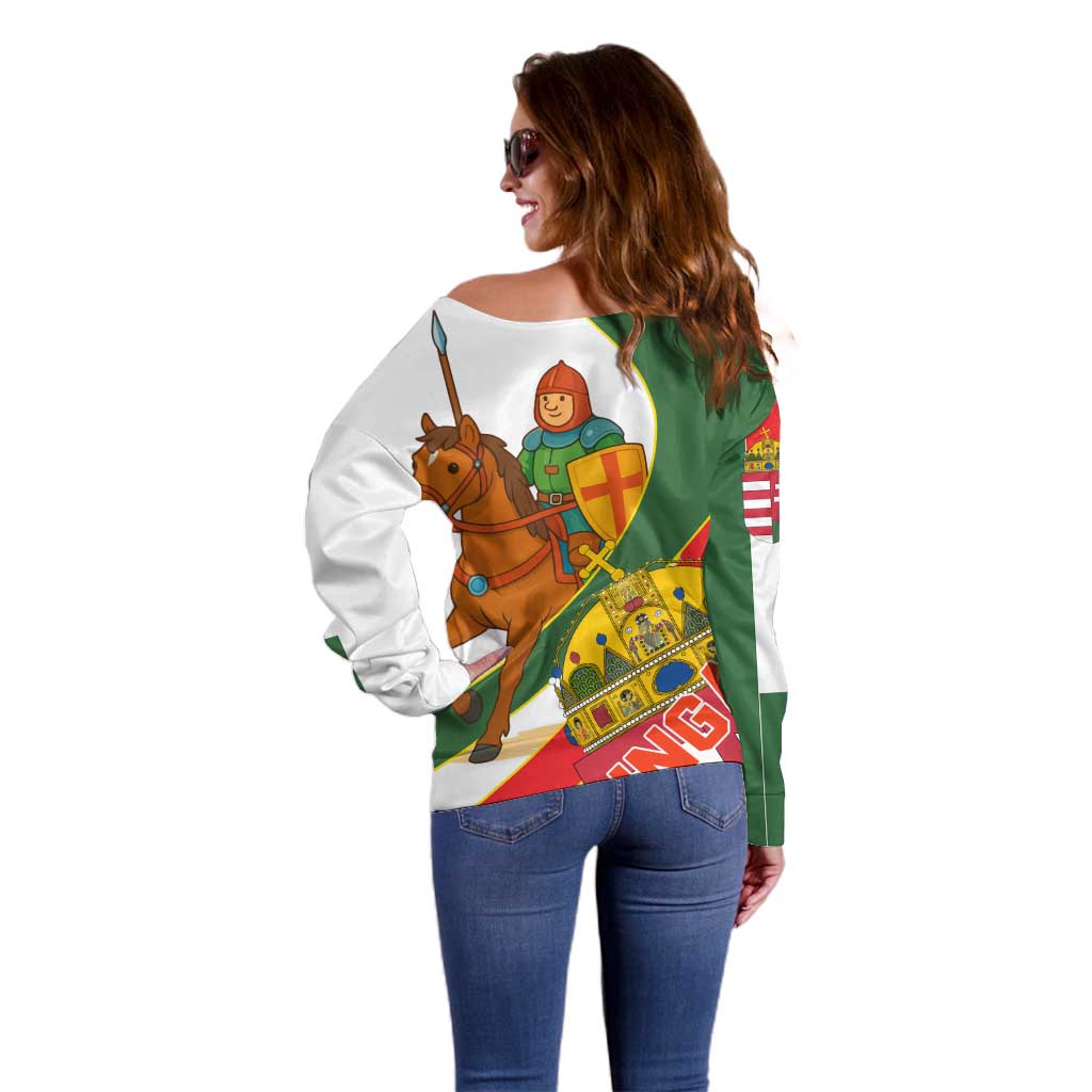 Hungary Off Shoulder Sweater with Knight and Angel Illustration Design and National Crest - Wonder Print Shop