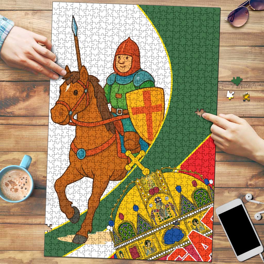Hungary Puzzle with Knight and Angel Illustration Design and National Crest - Wonder Print Shop