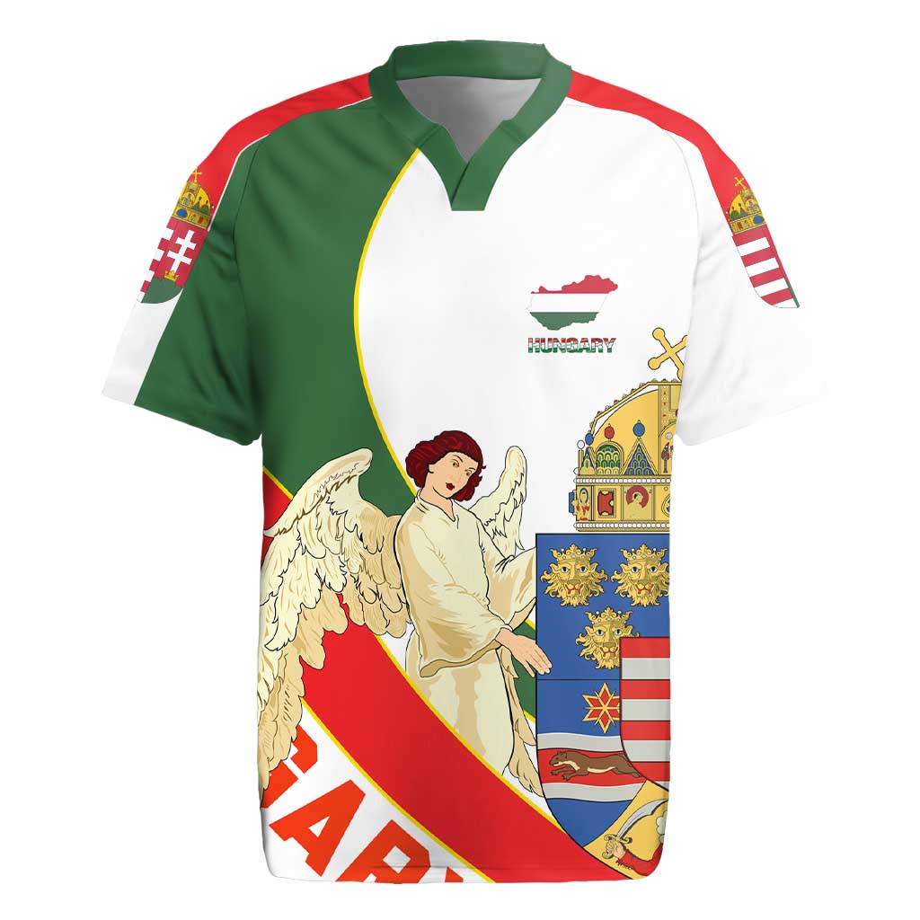 Hungary Rugby Jersey with Knight and Angel Illustration Design and National Crest - Wonder Print Shop
