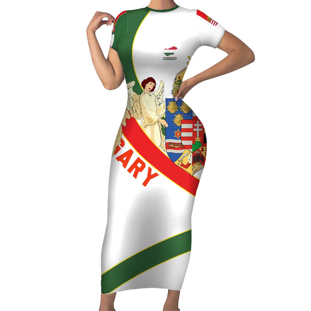 Hungary Short Sleeve Bodycon Dress with Knight and Angel Illustration Design and National Crest - Wonder Print Shop