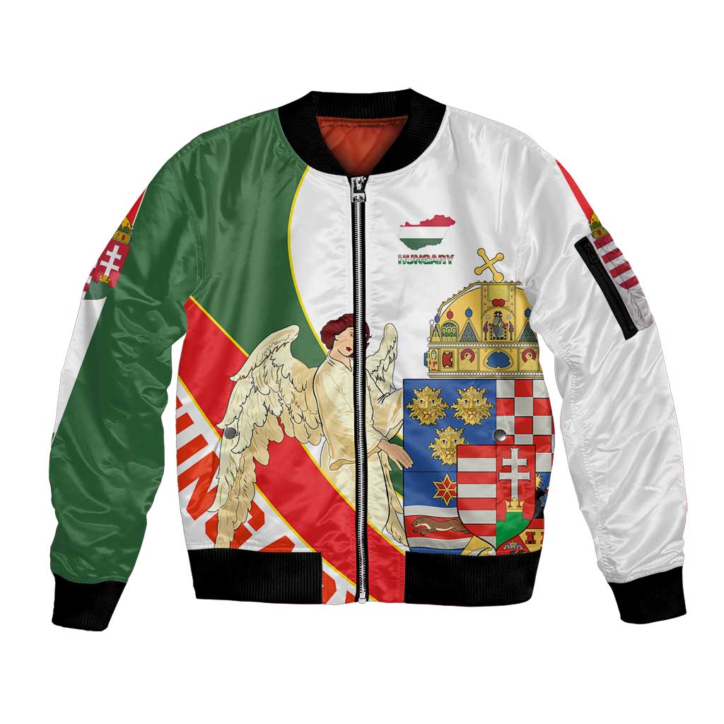 Hungary Sleeve Zip Bomber Jacket with Knight and Angel Illustration Design and National Crest - Wonder Print Shop