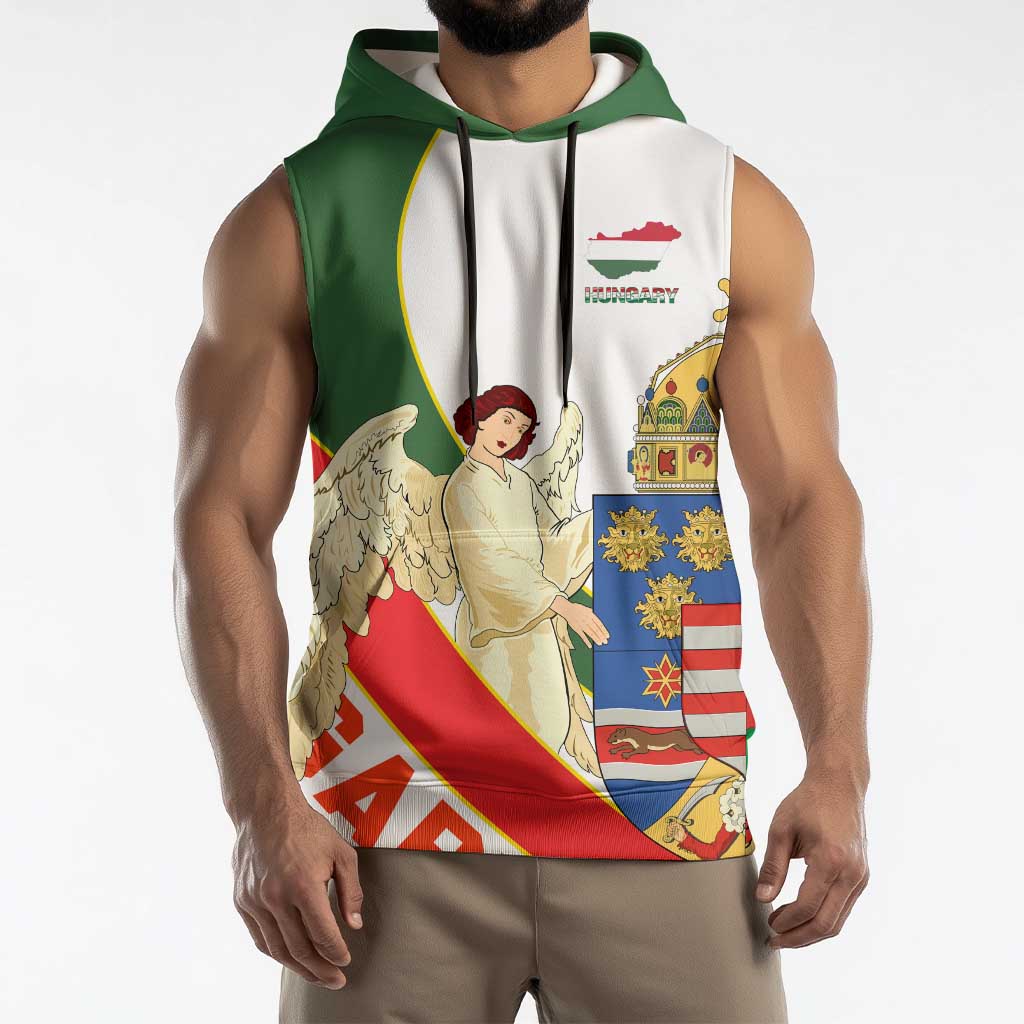 Hungary Sleeveless Hoodie with Knight and Angel Illustration Design and National Crest - Wonder Print Shop