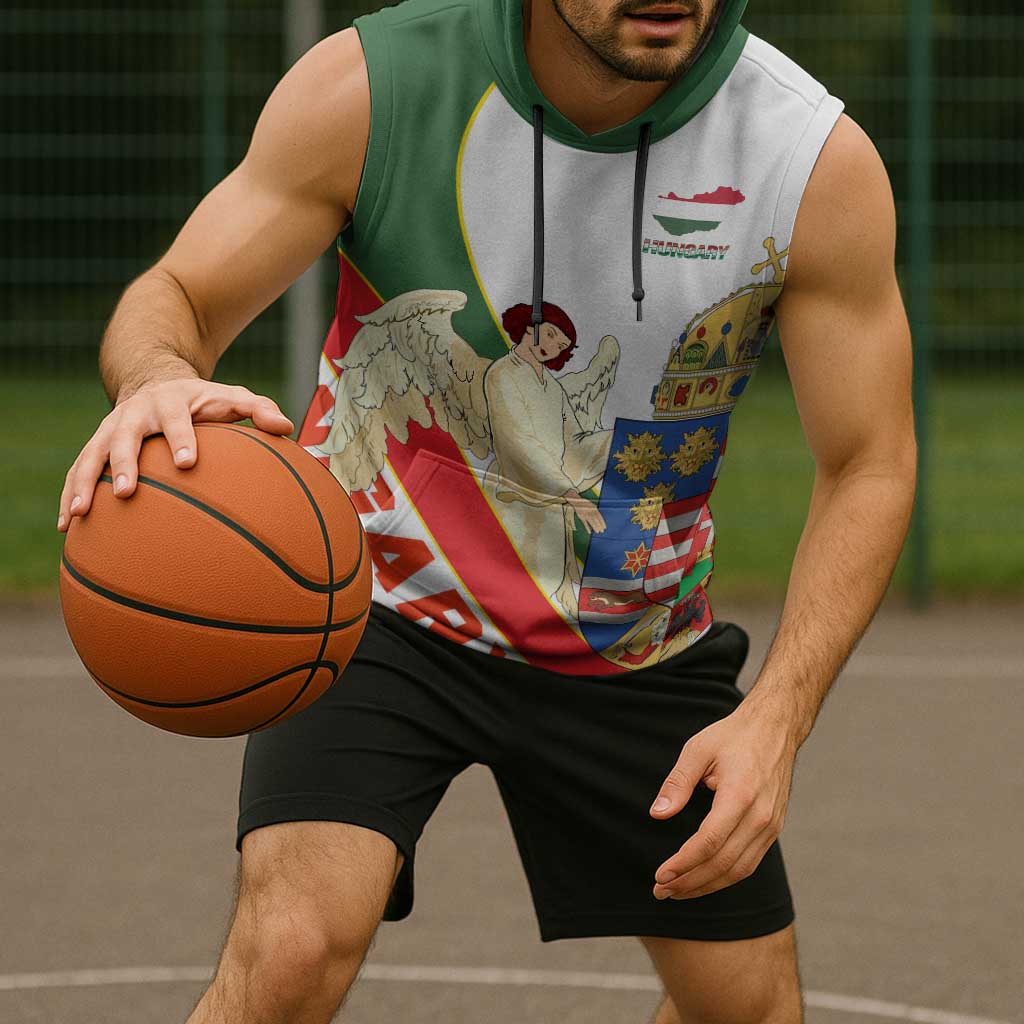 Hungary Sleeveless Hoodie with Knight and Angel Illustration Design and National Crest - Wonder Print Shop