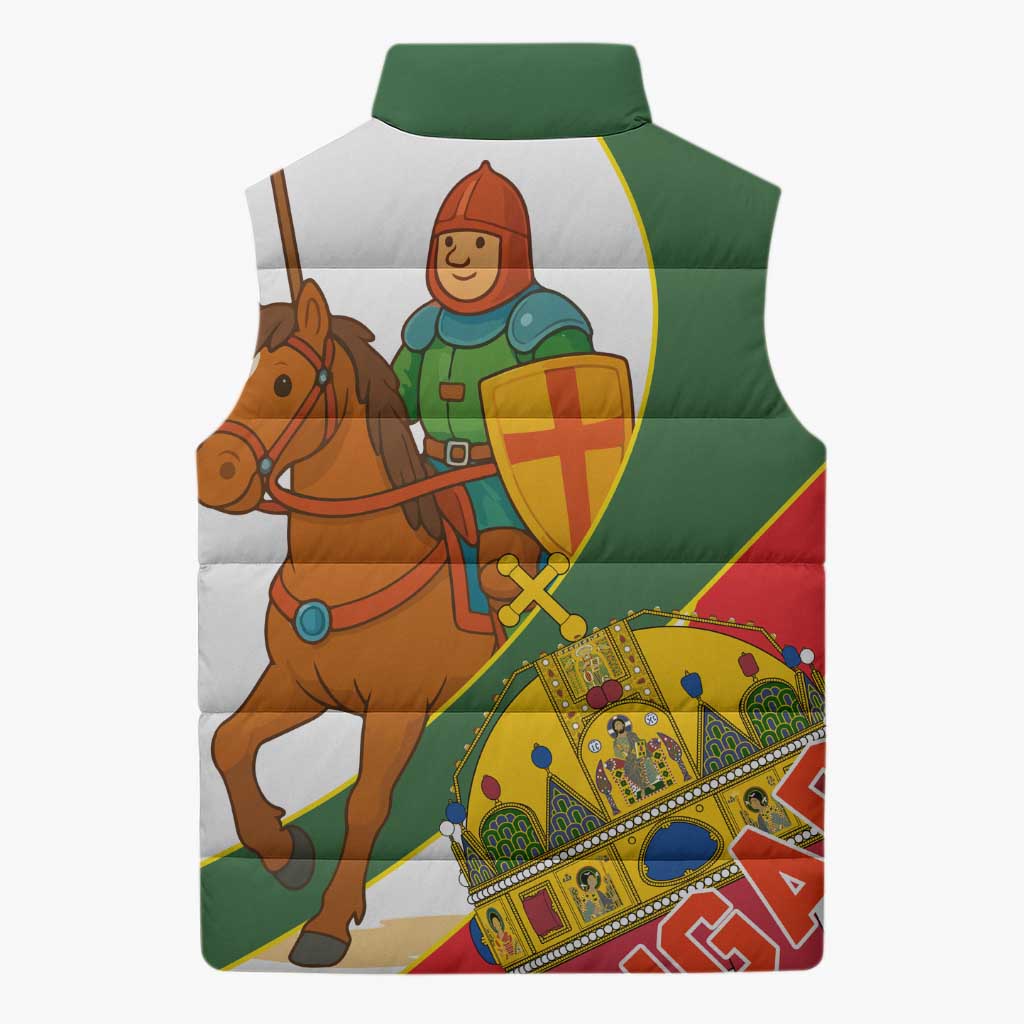 Hungary Sleeveless Puffer Jacket with Knight and Angel Illustration Design and National Crest - Wonder Print Shop