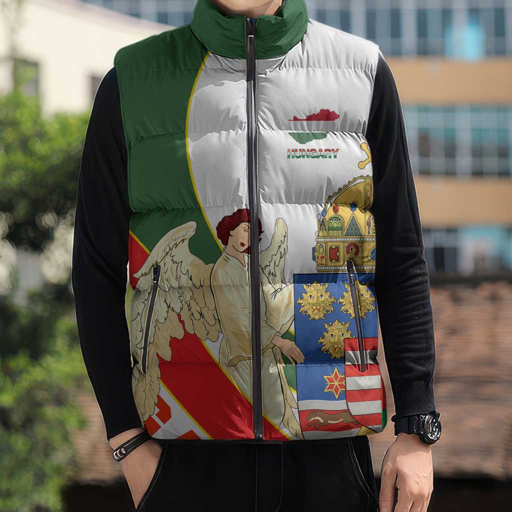 Hungary Sleeveless Puffer Jacket with Knight and Angel Illustration Design and National Crest - Wonder Print Shop