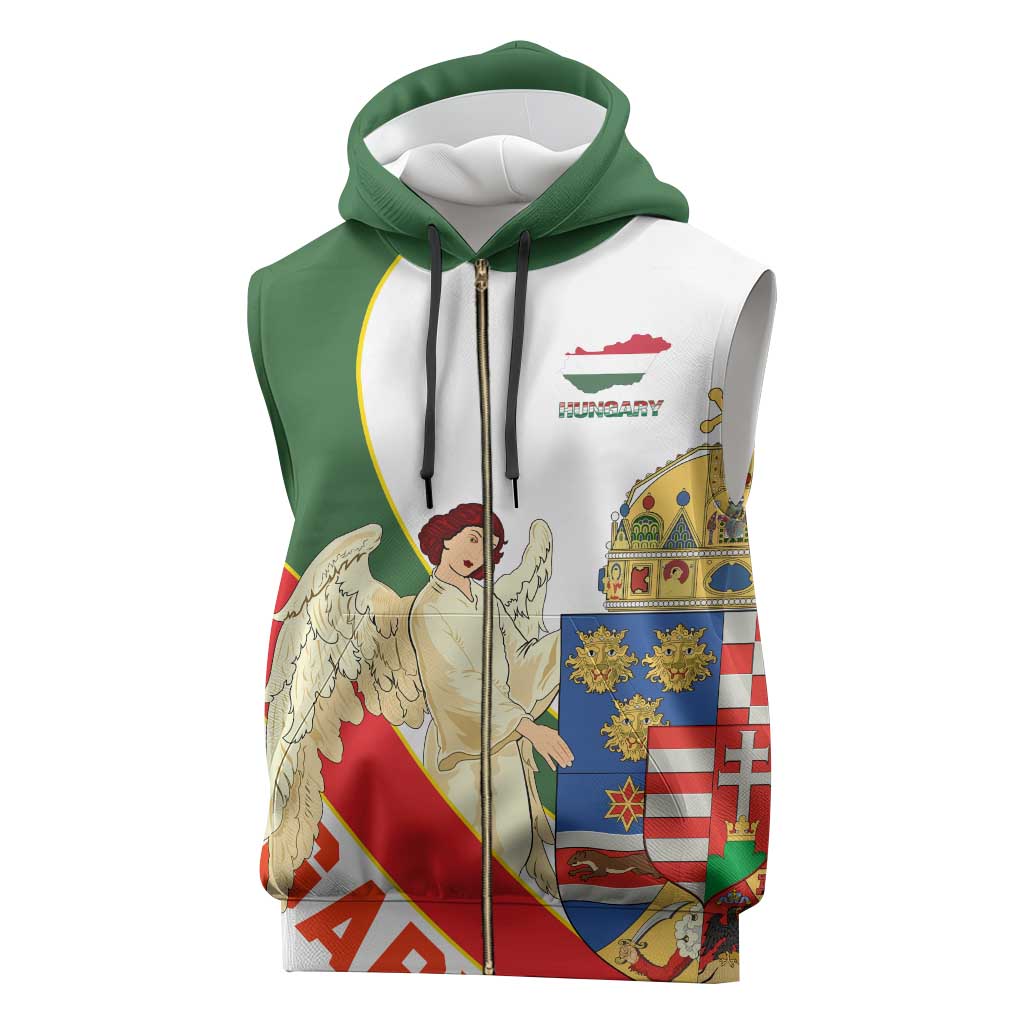 Hungary Sleeveless Zip Hoodie with Knight and Angel Illustration Design and National Crest - Wonder Print Shop