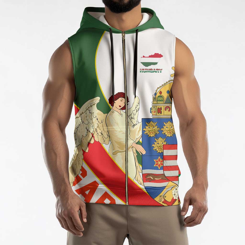Hungary Sleeveless Zip Hoodie with Knight and Angel Illustration Design and National Crest - Wonder Print Shop