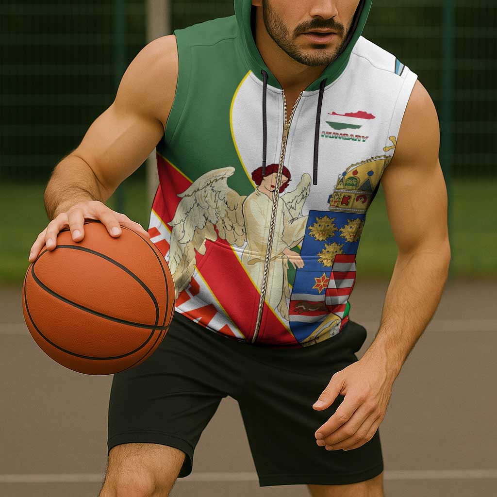 Hungary Sleeveless Zip Hoodie with Knight and Angel Illustration Design and National Crest - Wonder Print Shop