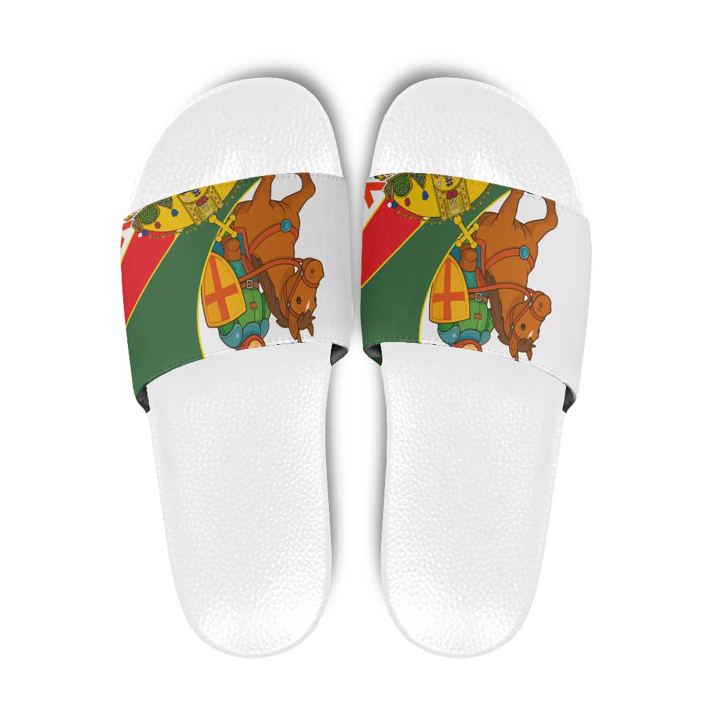 Hungary Slide Sandals with Knight and Angel Illustration Design and National Crest - Wonder Print Shop