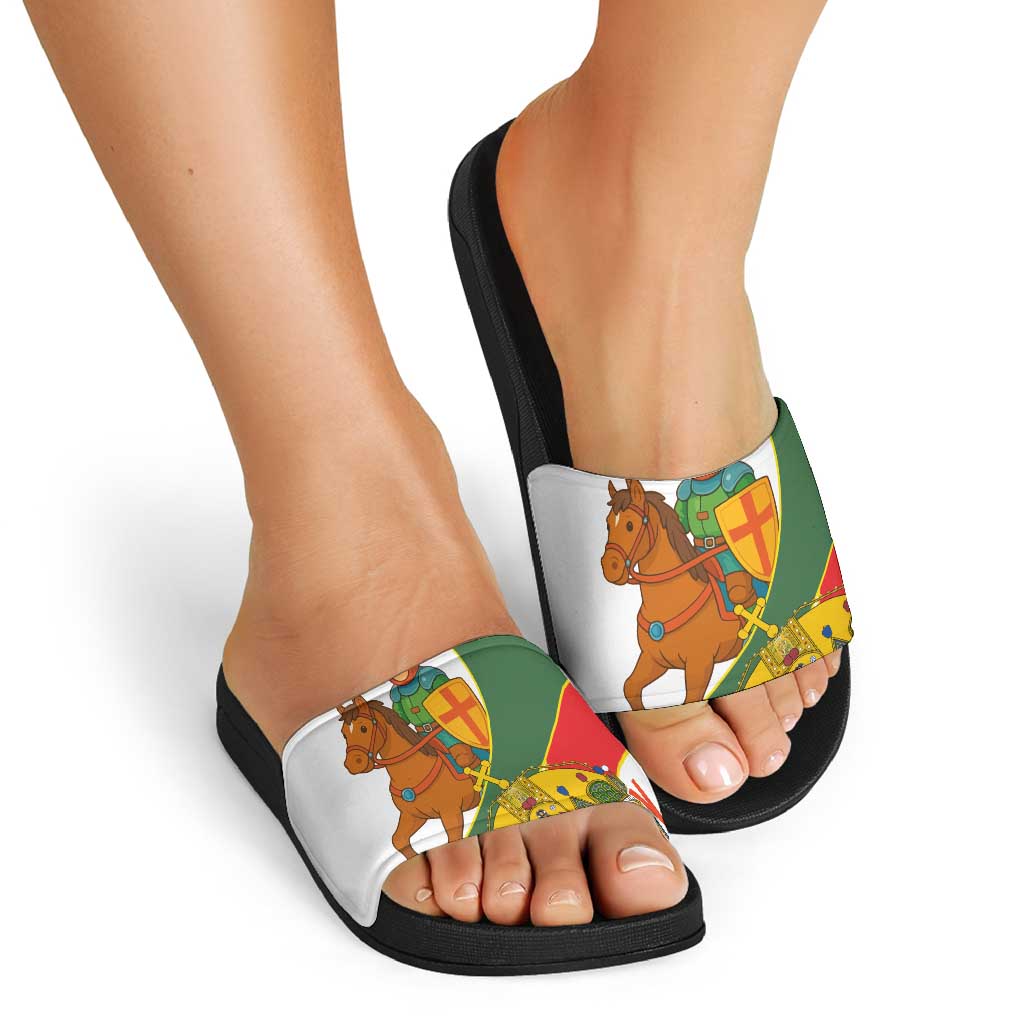 Hungary Slide Sandals with Knight and Angel Illustration Design and National Crest - Wonder Print Shop
