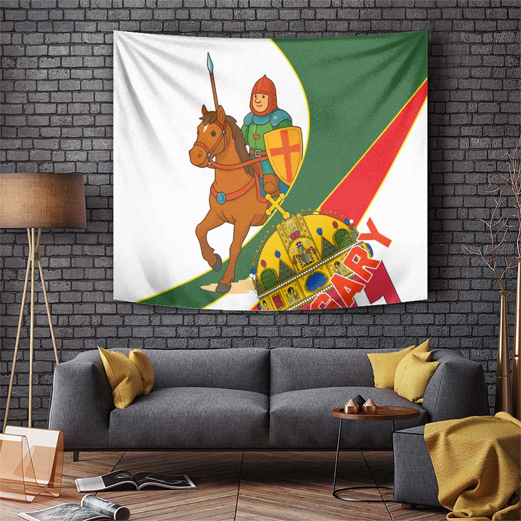 Hungary Tapestry with Knight and Angel Illustration Design and National Crest - Wonder Print Shop