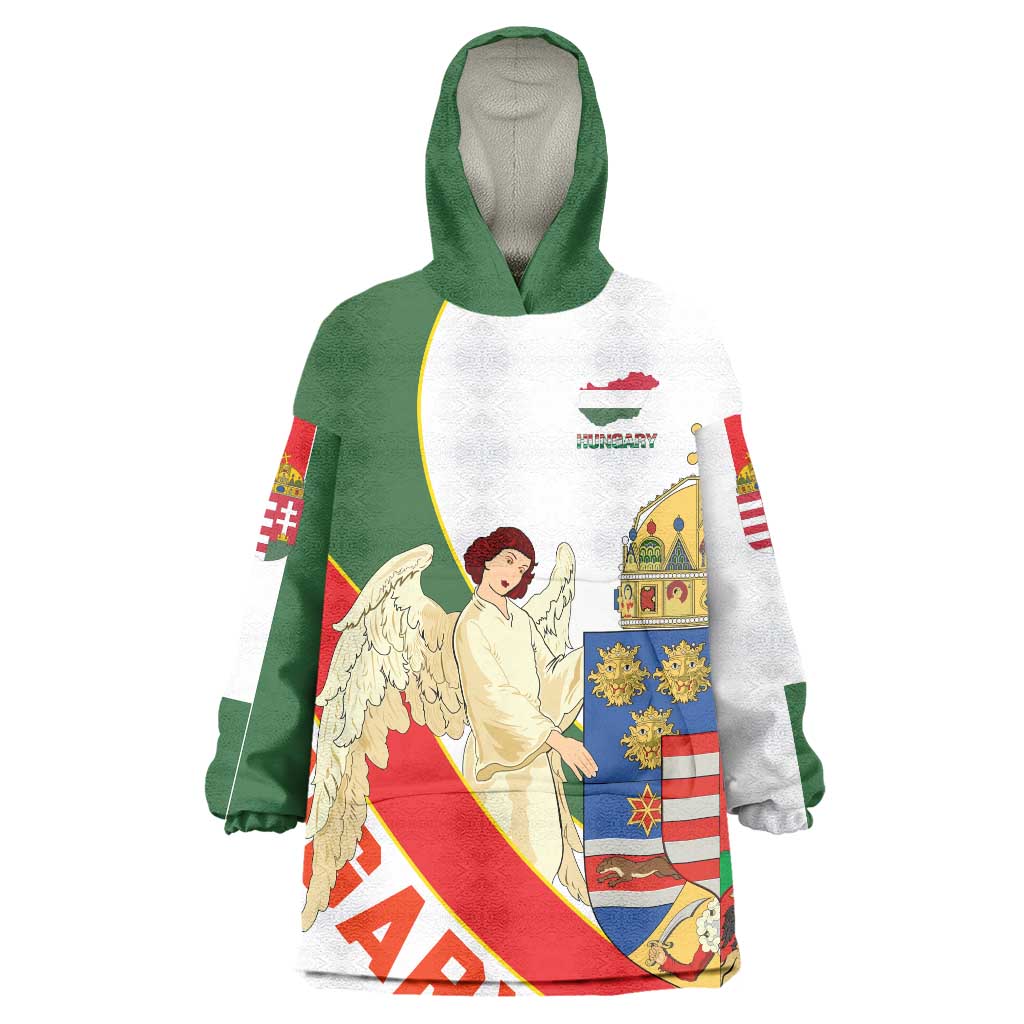 Hungary Wearable Blanket Hoodie with Knight and Angel Illustration Design and National Crest - Wonder Print Shop