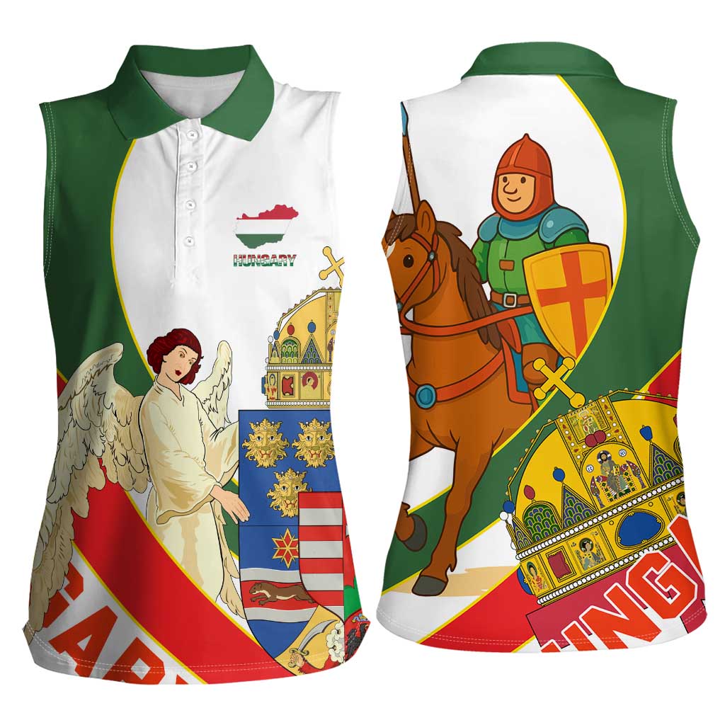 Hungary Women Sleeveless Polo Shirt with Knight and Angel Illustration Design and National Crest - Wonder Print Shop