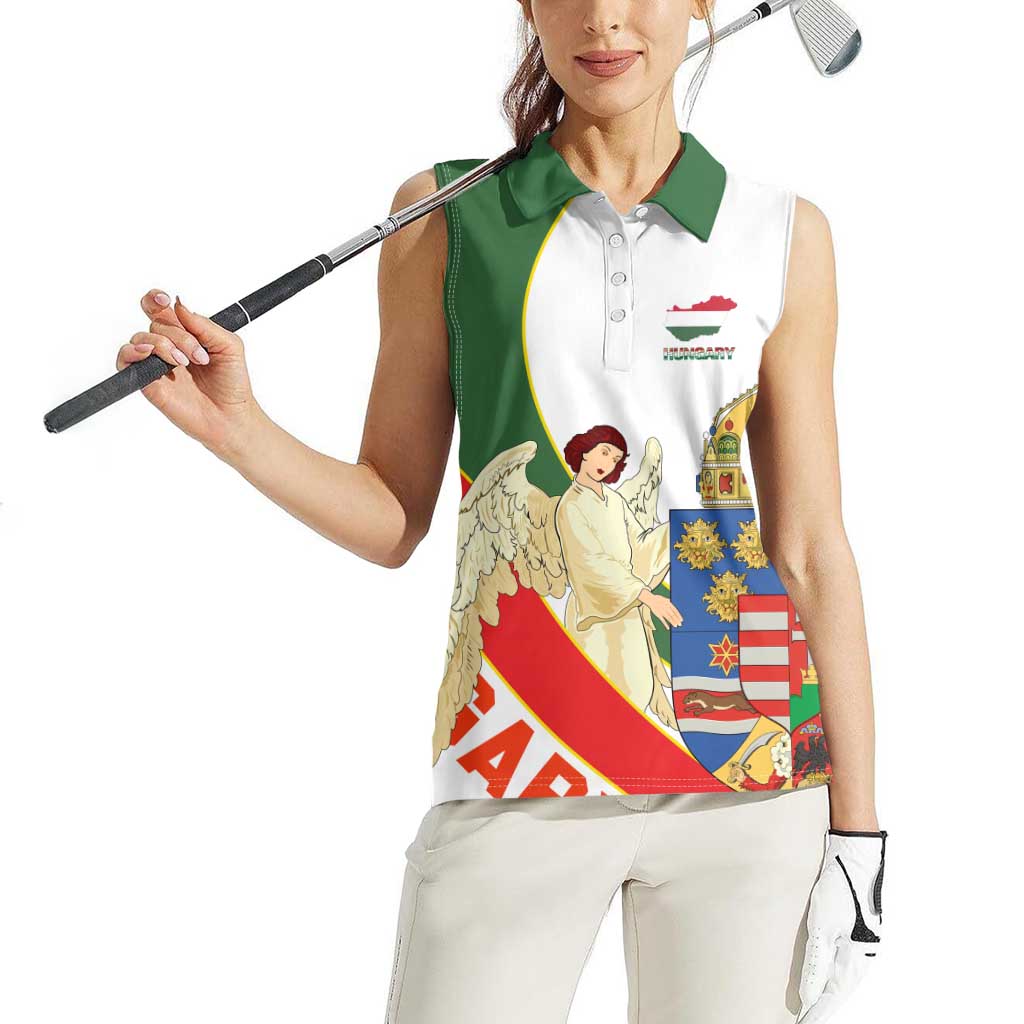 Hungary Women Sleeveless Polo Shirt with Knight and Angel Illustration Design and National Crest - Wonder Print Shop