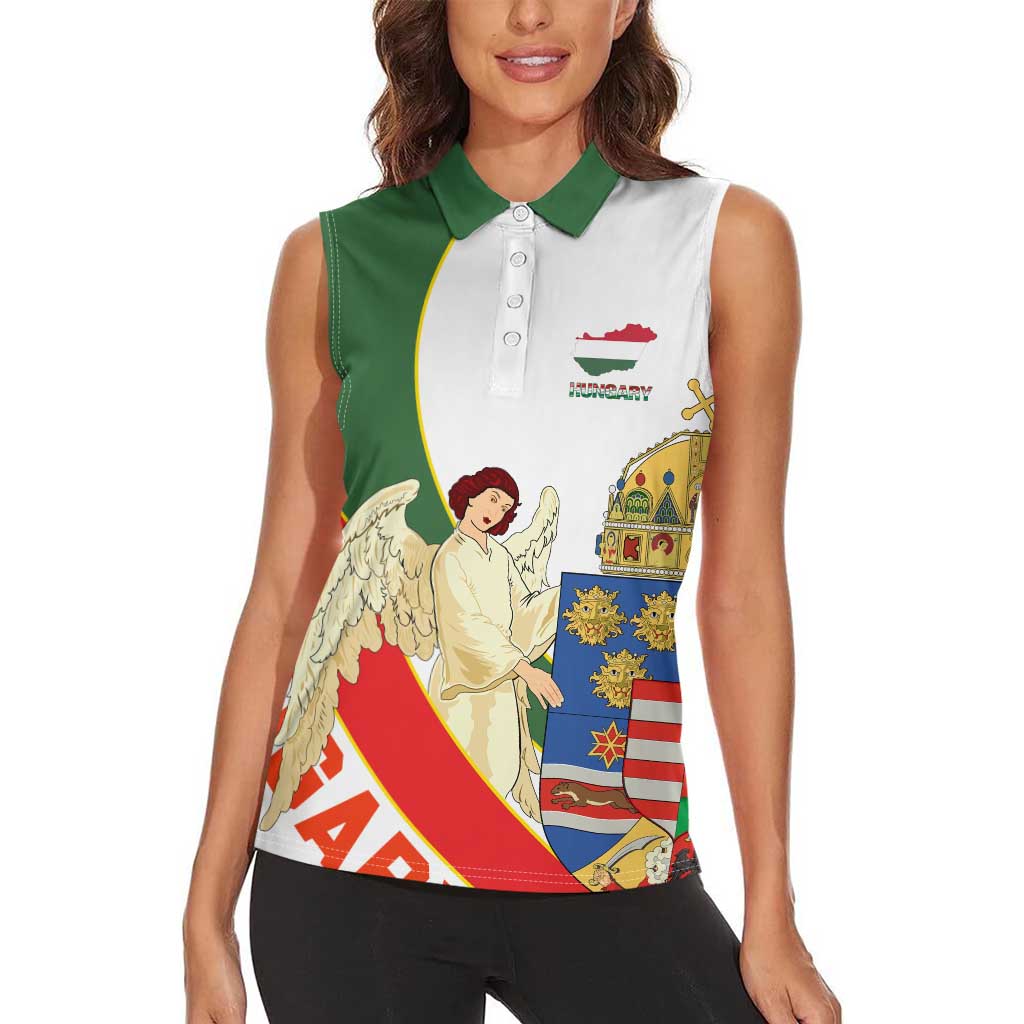 Hungary Women Sleeveless Polo Shirt with Knight and Angel Illustration Design and National Crest - Wonder Print Shop