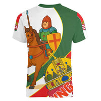 Hungary Women V-Neck T-Shirt with Knight and Angel Illustration Design and National Crest - Wonder Print Shop
