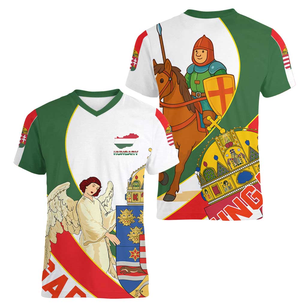 Hungary Women V-Neck T-Shirt with Knight and Angel Illustration Design and National Crest - Wonder Print Shop