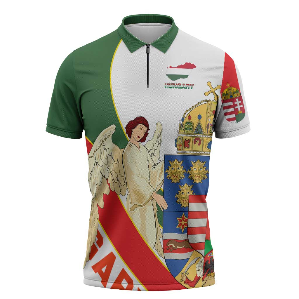 Hungary Zipper Polo Shirt with Knight and Angel Illustration Design and National Crest - Wonder Print Shop