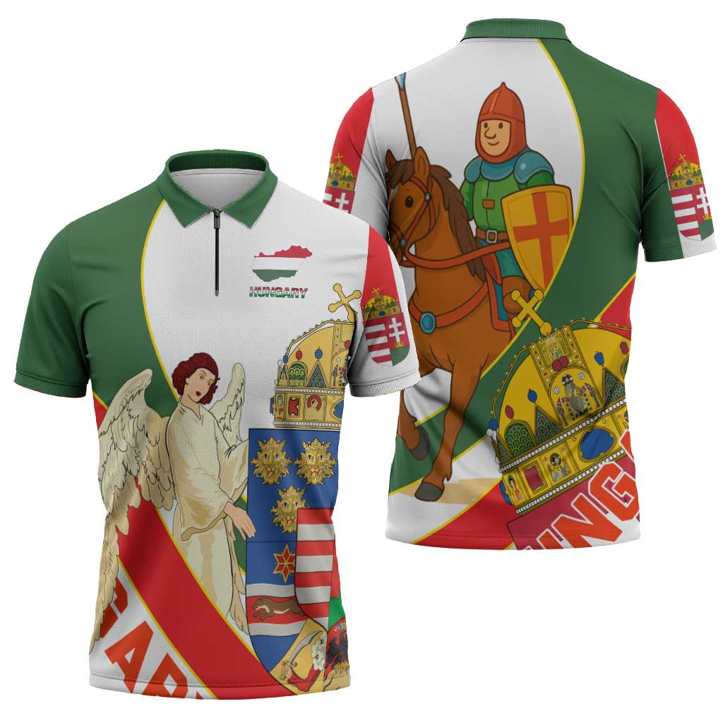 Hungary Zipper Polo Shirt with Knight and Angel Illustration Design and National Crest - Wonder Print Shop