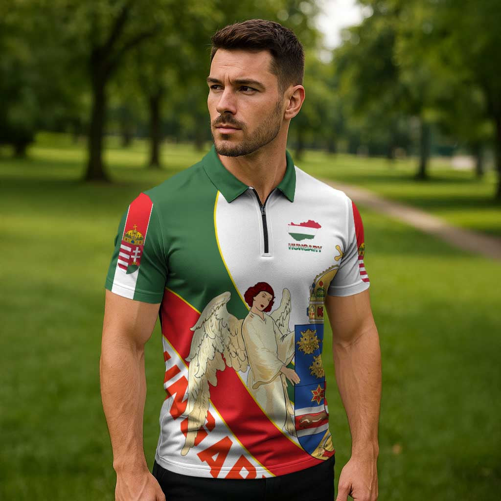Hungary Zipper Polo Shirt with Knight and Angel Illustration Design and National Crest - Wonder Print Shop