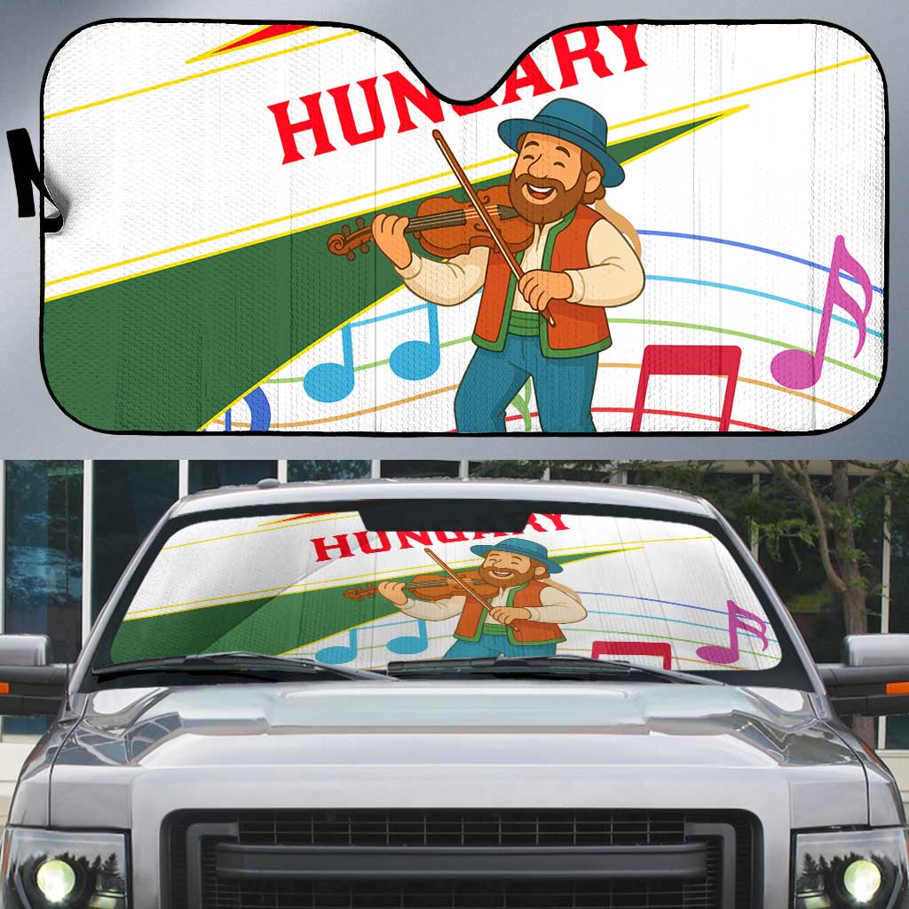 Hungary Auto Sun Shade with Folk Musician Illustration Design and Traditional Floral - Wonder Print Shop