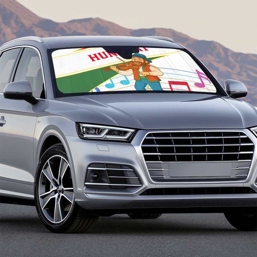 Hungary Auto Sun Shade with Folk Musician Illustration Design and Traditional Floral - Wonder Print Shop