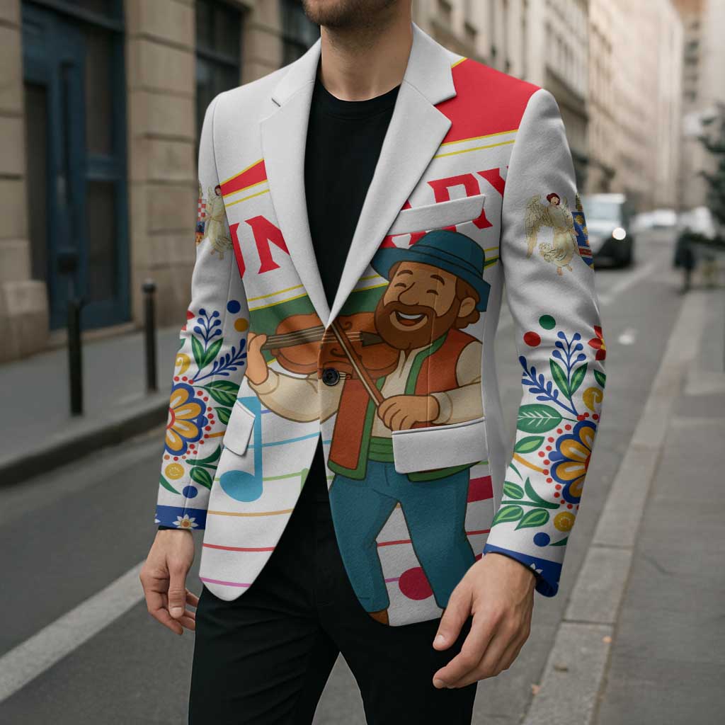 Hungary Blazer with Folk Musician Illustration Design and Traditional Floral - Wonder Print Shop