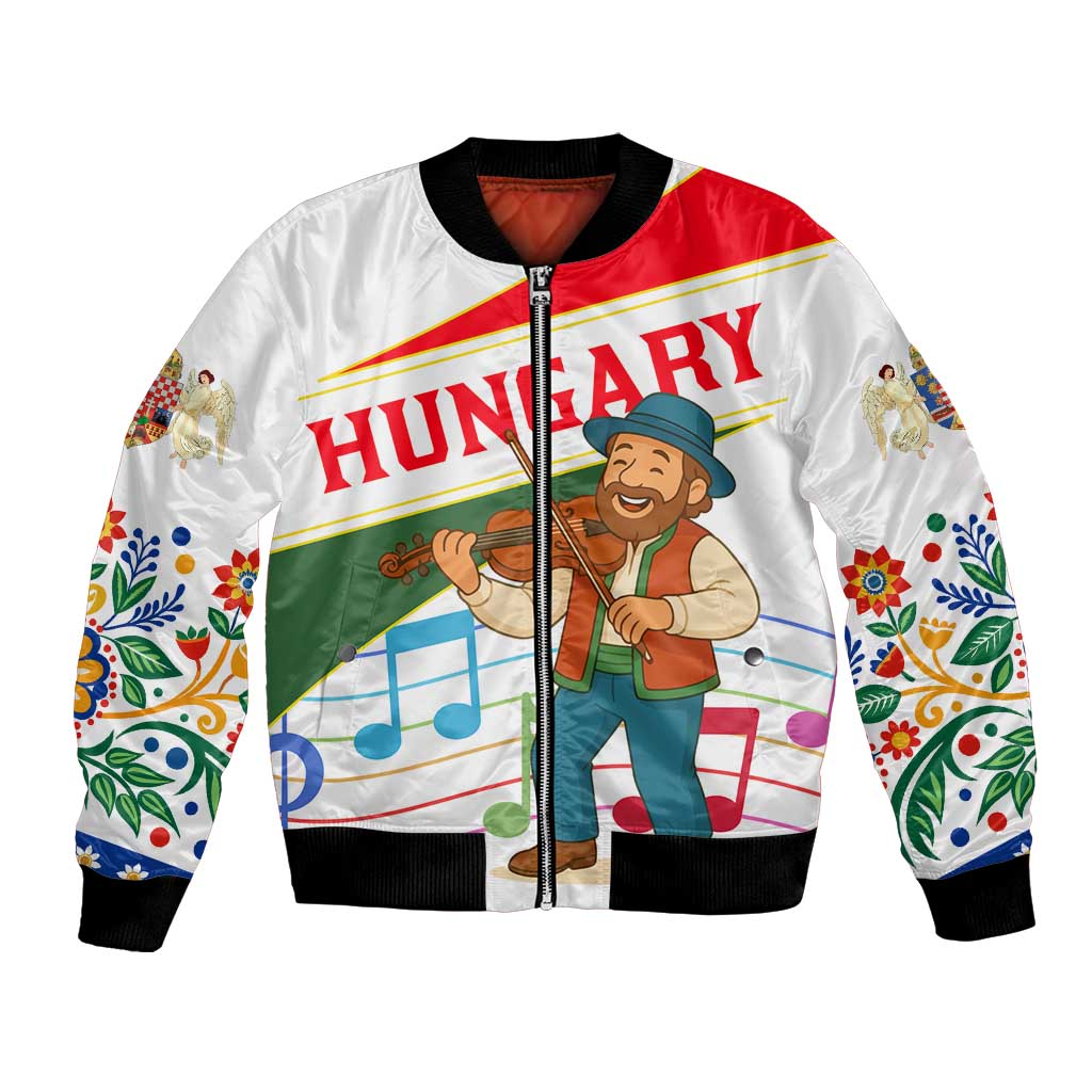 Hungary Bomber Jacket with Folk Musician Illustration Design and Traditional Floral - Wonder Print Shop