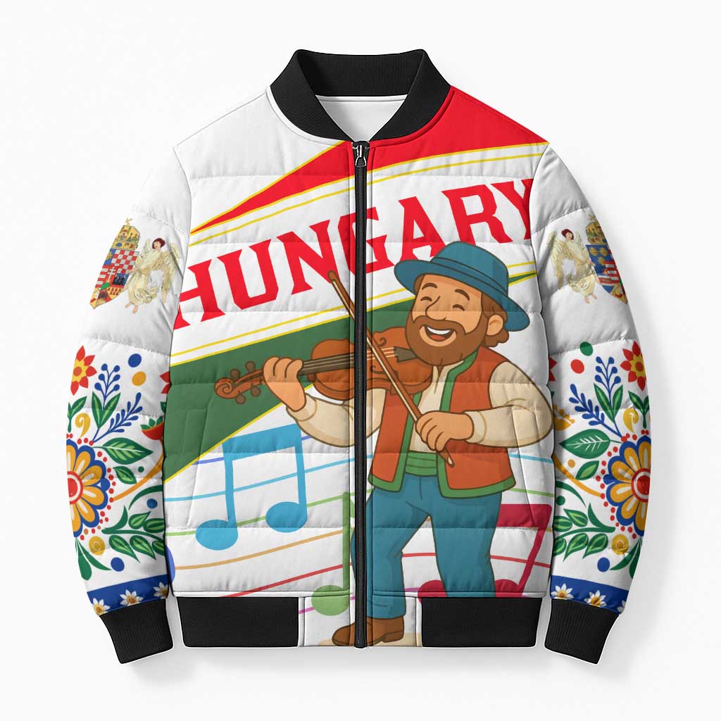 Hungary Bomber Puffer Jacket with Folk Musician Illustration Design and Traditional Floral - Wonder Print Shop