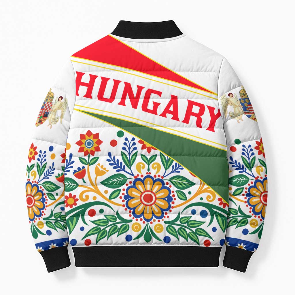 Hungary Bomber Puffer Jacket with Folk Musician Illustration Design and Traditional Floral - Wonder Print Shop