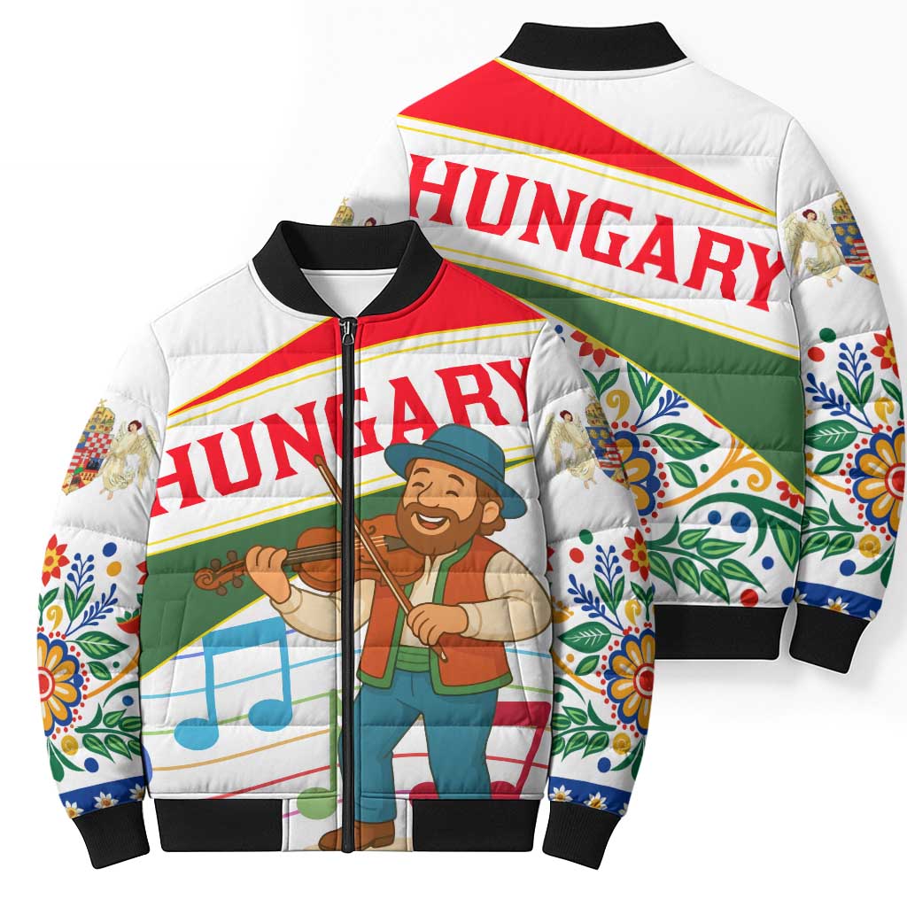 Hungary Bomber Puffer Jacket with Folk Musician Illustration Design and Traditional Floral - Wonder Print Shop