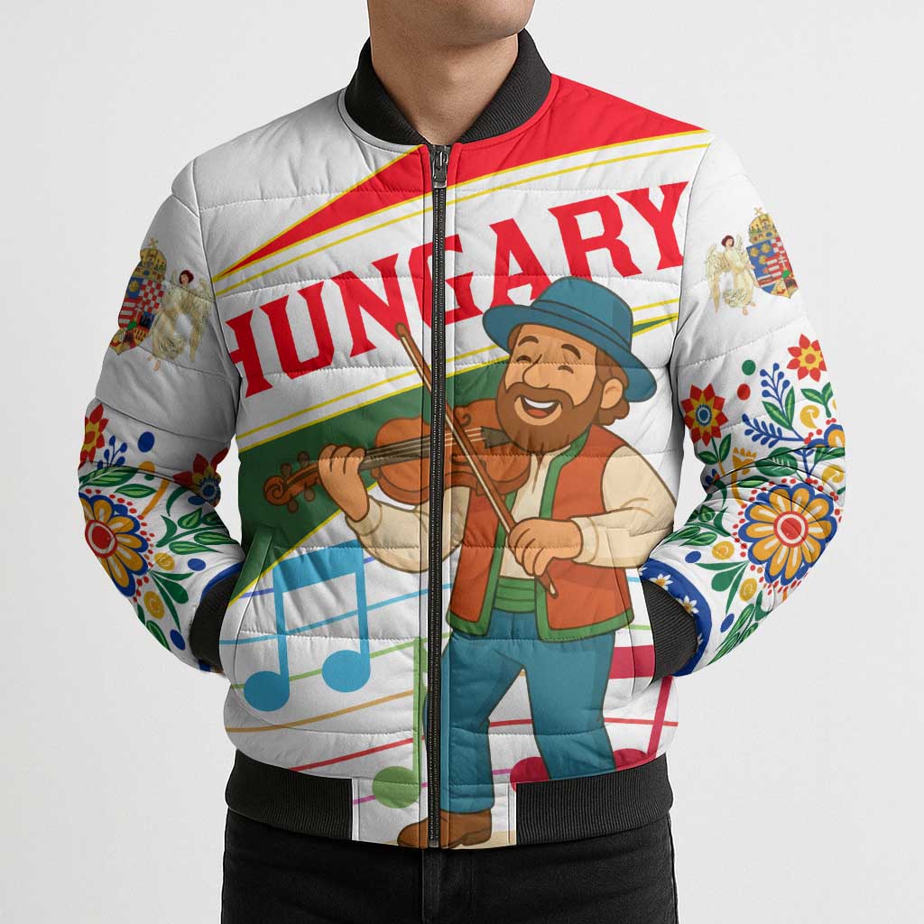Hungary Bomber Puffer Jacket with Folk Musician Illustration Design and Traditional Floral - Wonder Print Shop