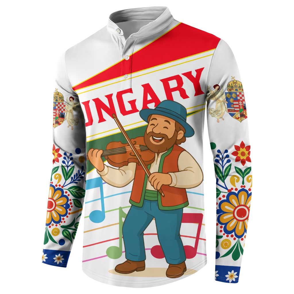 Hungary Button Sweatshirt with Folk Musician Illustration Design and Traditional Floral - Wonder Print Shop