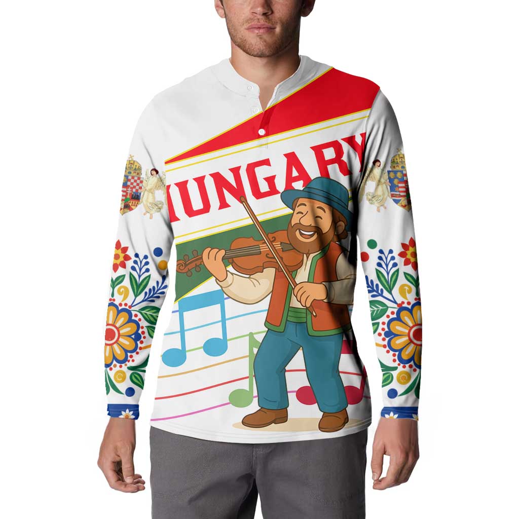Hungary Button Sweatshirt with Folk Musician Illustration Design and Traditional Floral - Wonder Print Shop