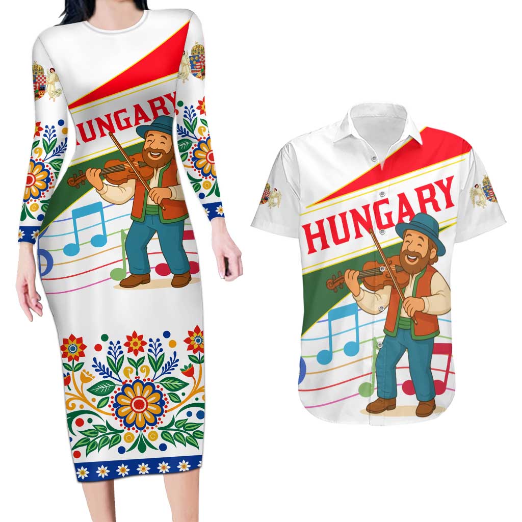 Hungary Couples Matching Long Sleeve Bodycon Dress and Hawaiian Shirt with Folk Musician Illustration Design and Traditional Floral - Wonder Print Shop