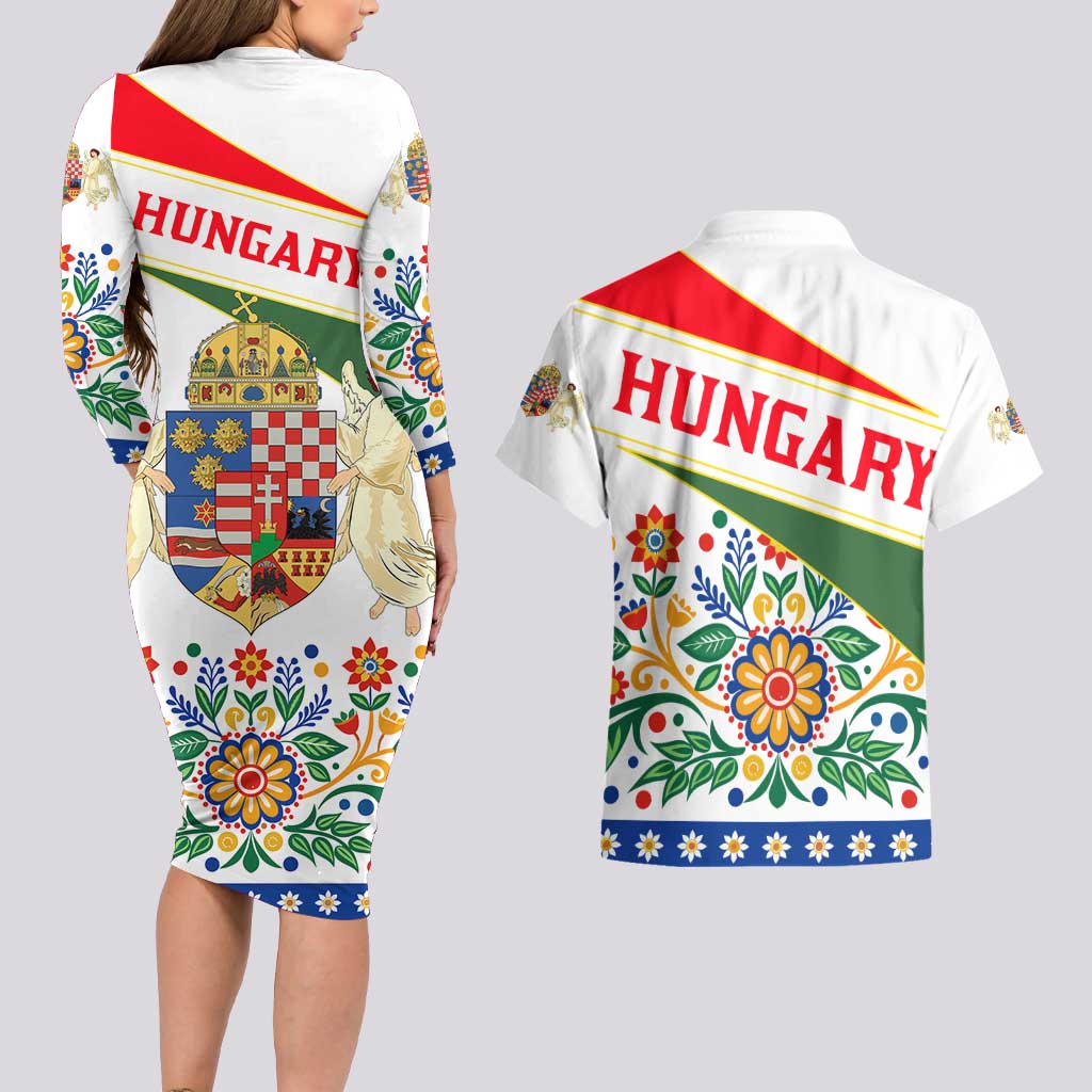 Hungary Couples Matching Long Sleeve Bodycon Dress and Hawaiian Shirt with Folk Musician Illustration Design and Traditional Floral - Wonder Print Shop