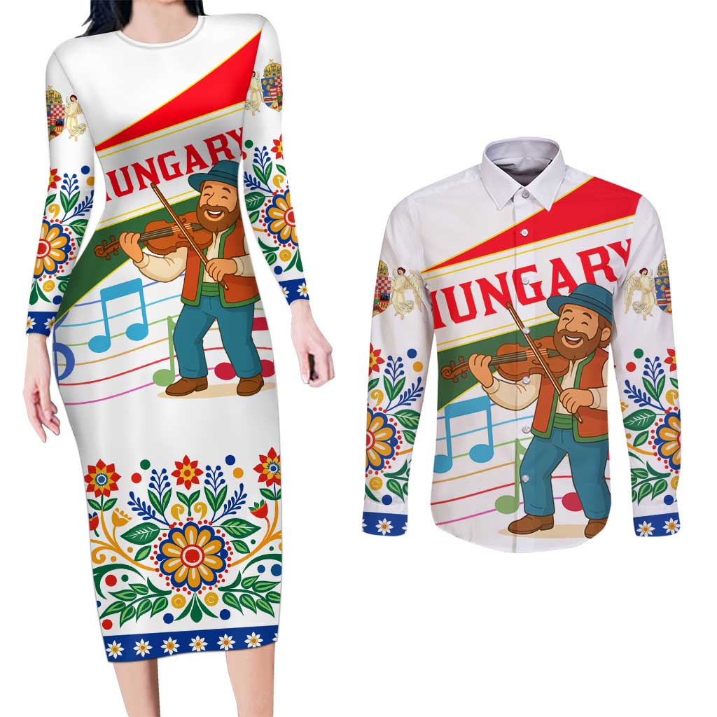 Hungary Couples Matching Long Sleeve Bodycon Dress and Long Sleeve Button Shirt with Folk Musician Illustration Design and Traditional Floral - Wonder Print Shop