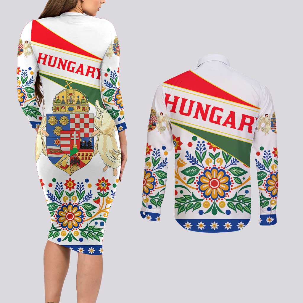 Hungary Couples Matching Long Sleeve Bodycon Dress and Long Sleeve Button Shirt with Folk Musician Illustration Design and Traditional Floral - Wonder Print Shop