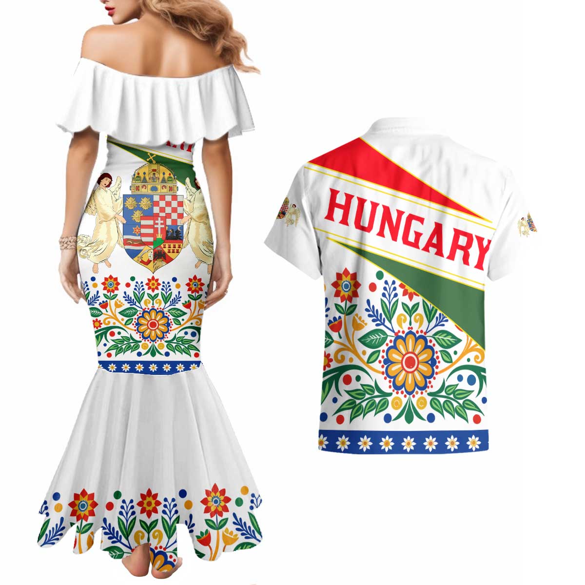 Hungary Couples Matching Mermaid Dress and Hawaiian Shirt with Folk Musician Illustration Design and Traditional Floral - Wonder Print Shop