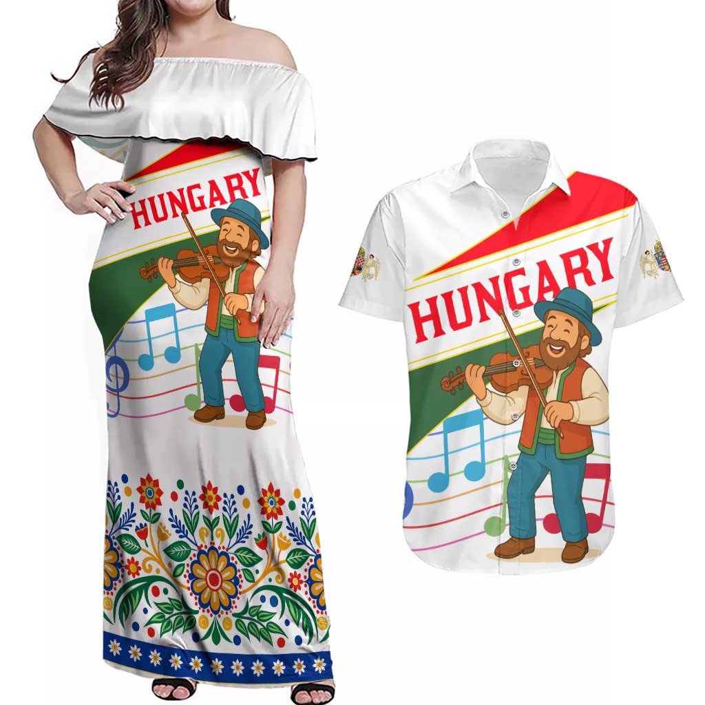 Hungary Couples Matching Off Shoulder Maxi Dress and Hawaiian Shirt with Folk Musician Illustration Design and Traditional Floral - Wonder Print Shop