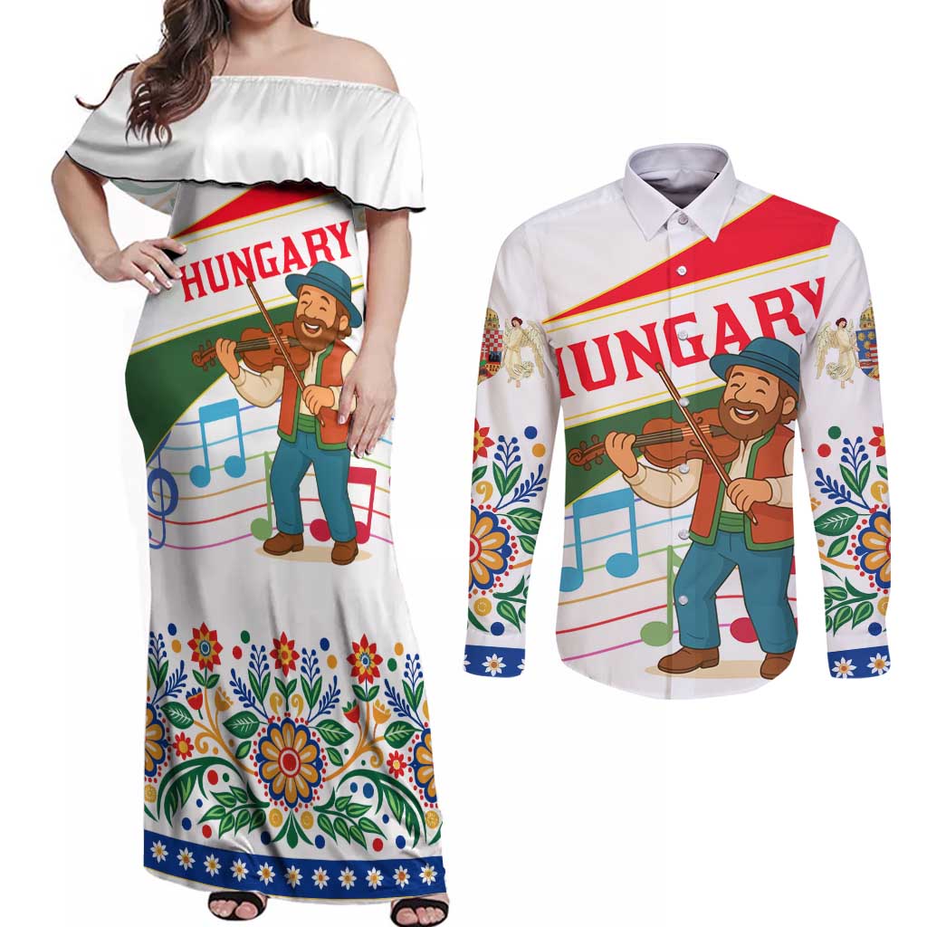 Hungary Couples Matching Off Shoulder Maxi Dress and Long Sleeve Button Shirt with Folk Musician Illustration Design and Traditional Floral - Wonder Print Shop