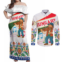 Hungary Couples Matching Off Shoulder Maxi Dress and Long Sleeve Button Shirt with Folk Musician Illustration Design and Traditional Floral - Wonder Print Shop